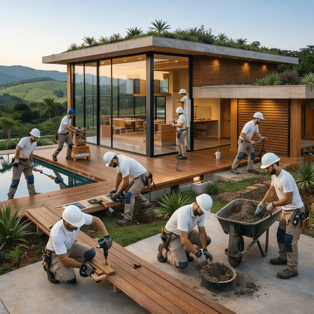 All workers actively performing their respective tasks