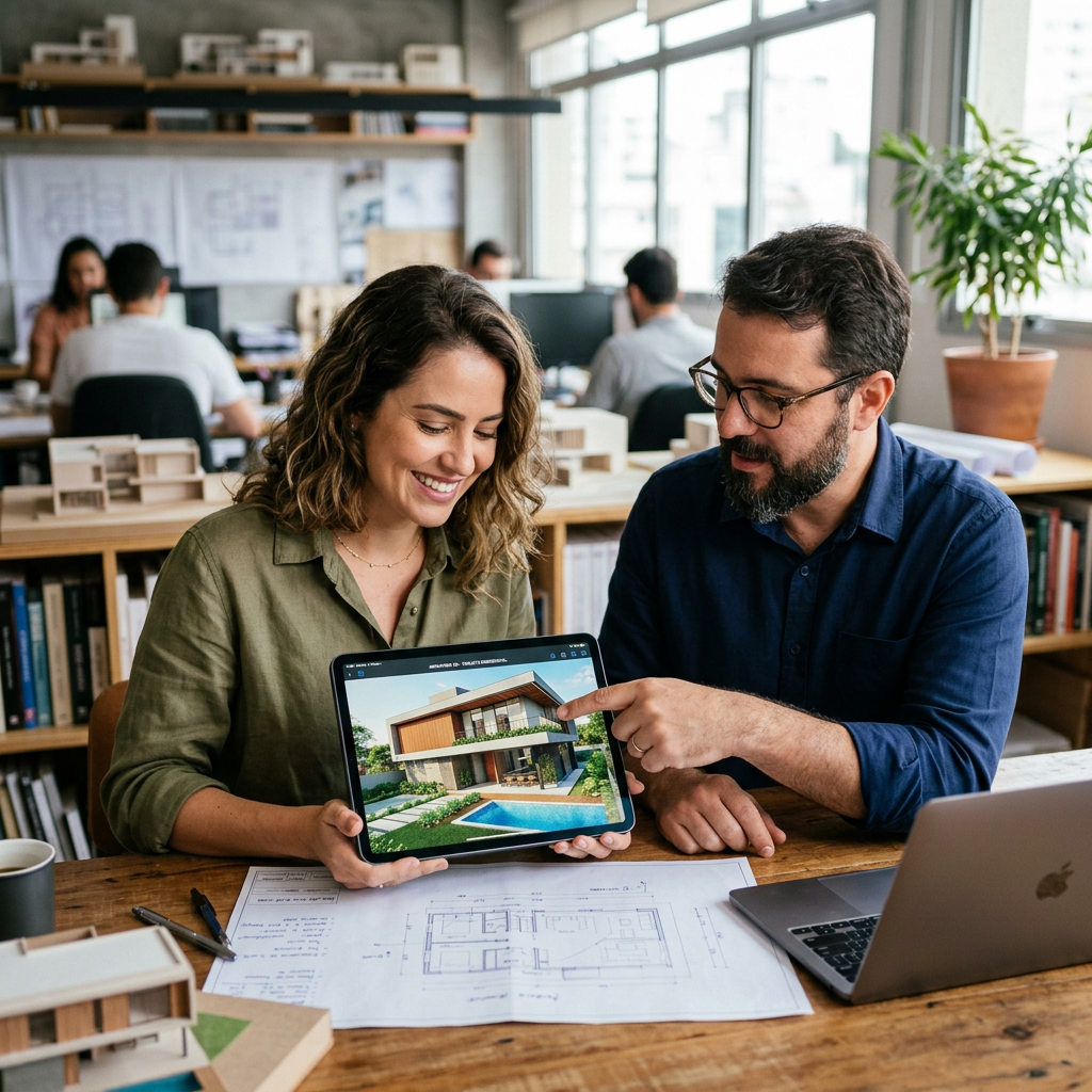 Two architects reviewing a digital 3D model of a modern house on a tablet.